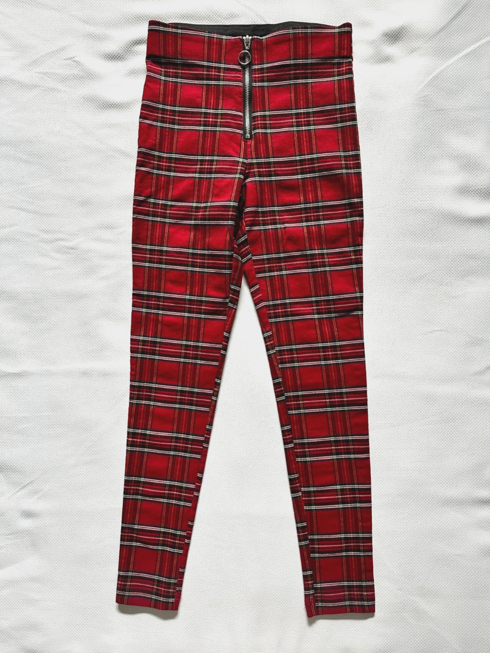 Zara Red Plaid Pants XS Front Zip Skinny Preppy Tartan High Waist Xmas Holiday